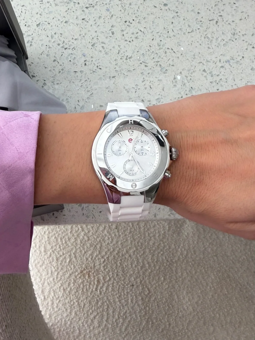 Michele White Chronograph Watch with Silver-Tone Case